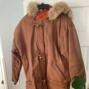 Brown Faux Leather Coat with Fur Hood. Zipper and buttons.